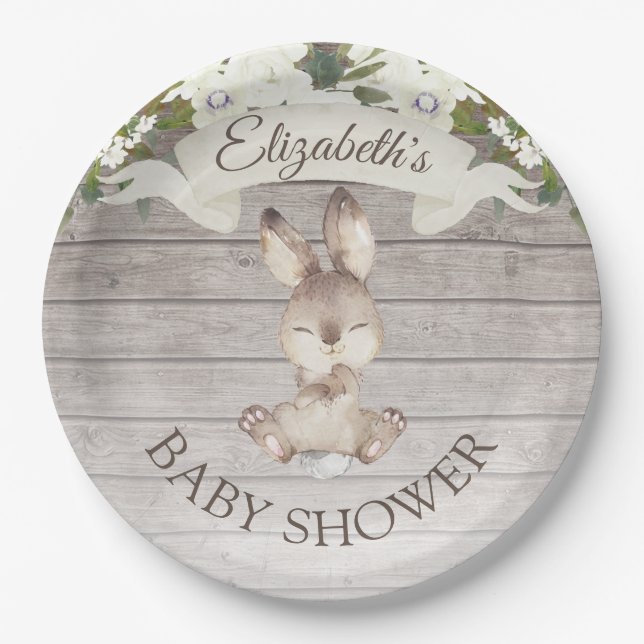 Rustic Wood Bunny Rabbit Custom Baby Shower Paper Plate (Front)