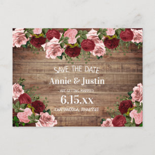 Rustic Wood Burgundy Blush Pink Floral Save Date Postcard
