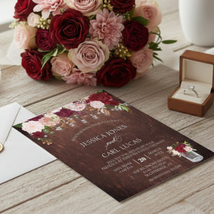 Rustic Wood Burgundy Blush Pink Rose Budget Jar Flyer