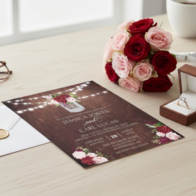 Rustic Wood Burgundy Blush Pink Rose Mason Jar Inv Flyer (Creator Uploaded)