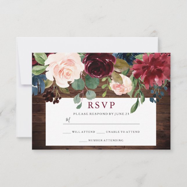 Rustic Wood Burgundy Country Wedding RSVP (Front)