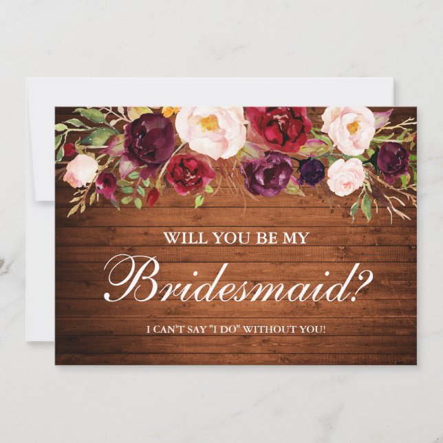 Rustic Wood Burgundy Floral Bridesmaid Invitation (Front)