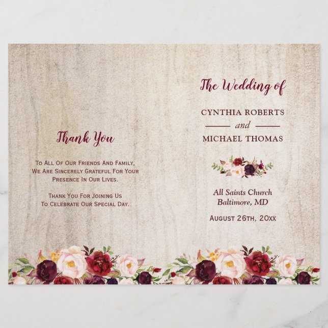 Rustic Wood Burgundy Floral Folded Wedding Program (Front)