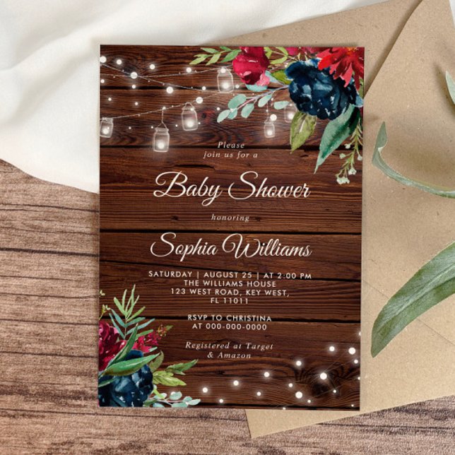 Rustic Wood Burgundy Floral Lights Baby Shower Invitation (Creator Uploaded)