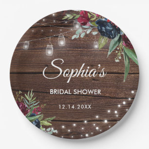 Rustic Wood Burgundy Floral Lights Bridal Paper Plate