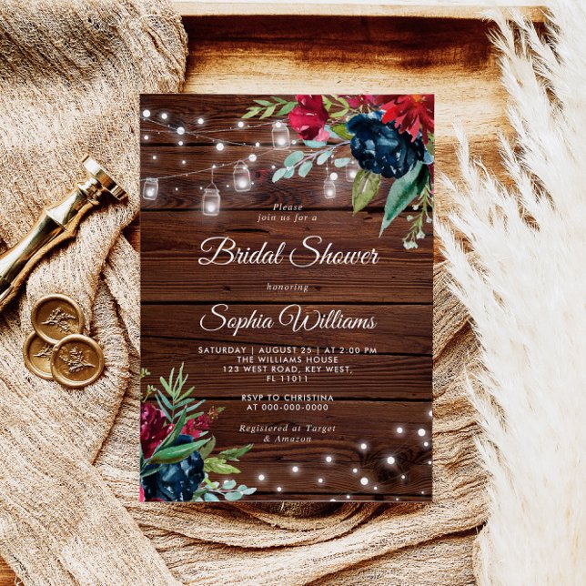 Rustic Wood Burgundy Floral Lights Bridal Shower Invitation (Creator Uploaded)