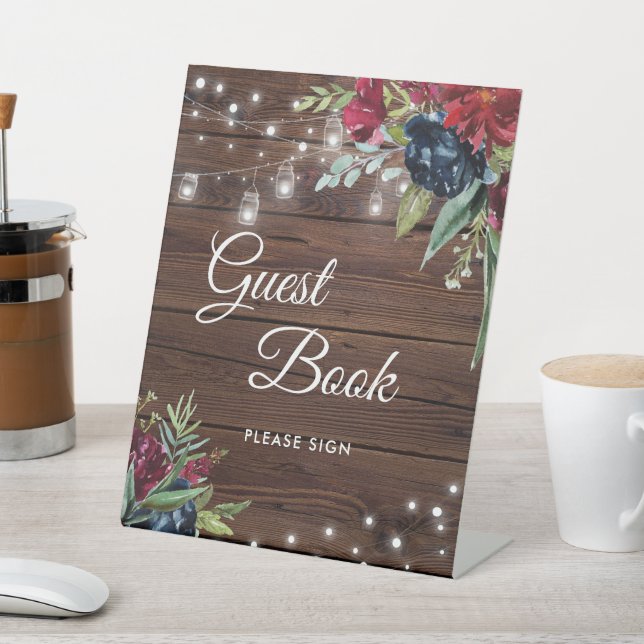 Rustic Wood Burgundy Floral Lights Guest Book Sign (In SItu)