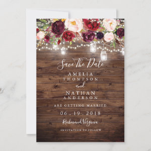 Rustic Wood Burgundy Floral Lights Save The Date