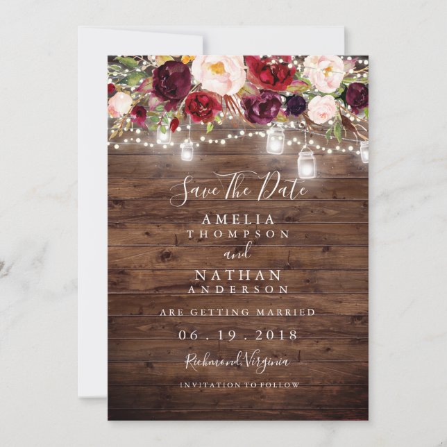 Rustic Wood Burgundy Floral Lights Save The Date (Front)