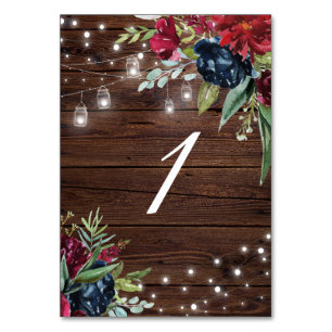 Rustic Wood Burgundy Floral Lights Table 1 Wedding Number