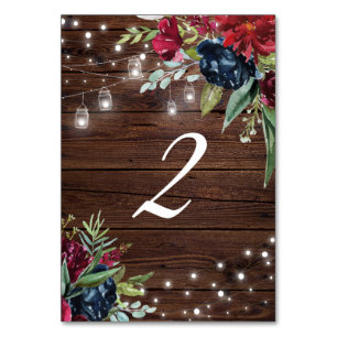 Rustic Wood Burgundy Floral Lights Table 2 Wedding Number