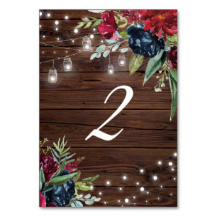 Rustic Wood Burgundy Floral Lights Table 2 Wedding Table Number