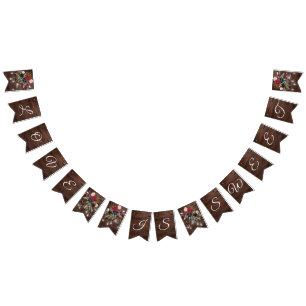 Rustic Wood Burgundy Floral Lights Wedding Bunting Flags