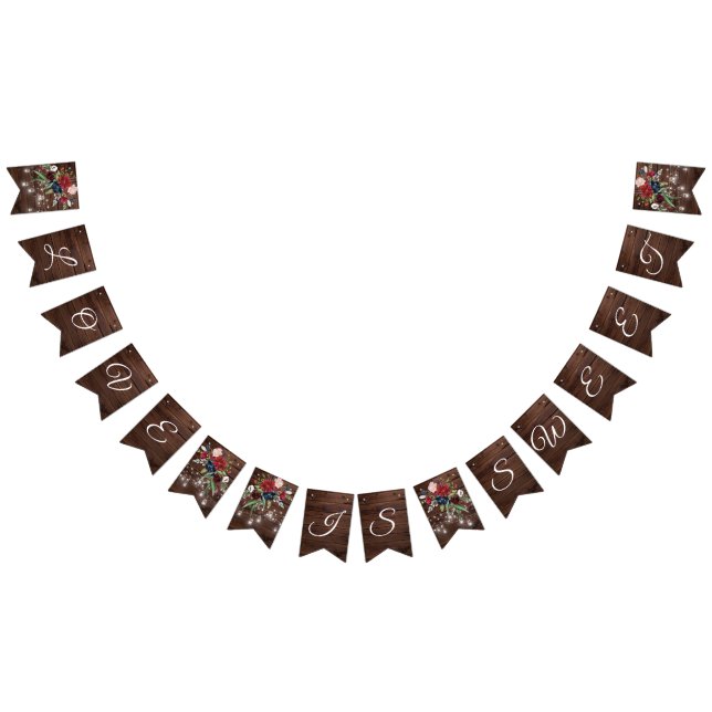 Rustic Wood Burgundy Floral Lights Wedding Bunting Flags (All)