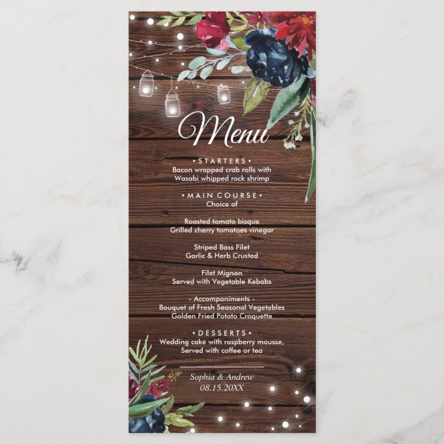 Rustic Wood Burgundy Floral Lights Wedding Menu (Front)