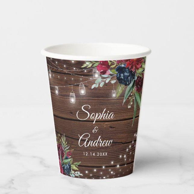 Rustic Wood Burgundy Floral Lights Wedding Paper Cups (Front)