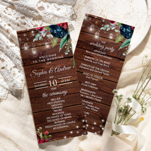 Rustic Wood Burgundy Floral Lights Wedding Program