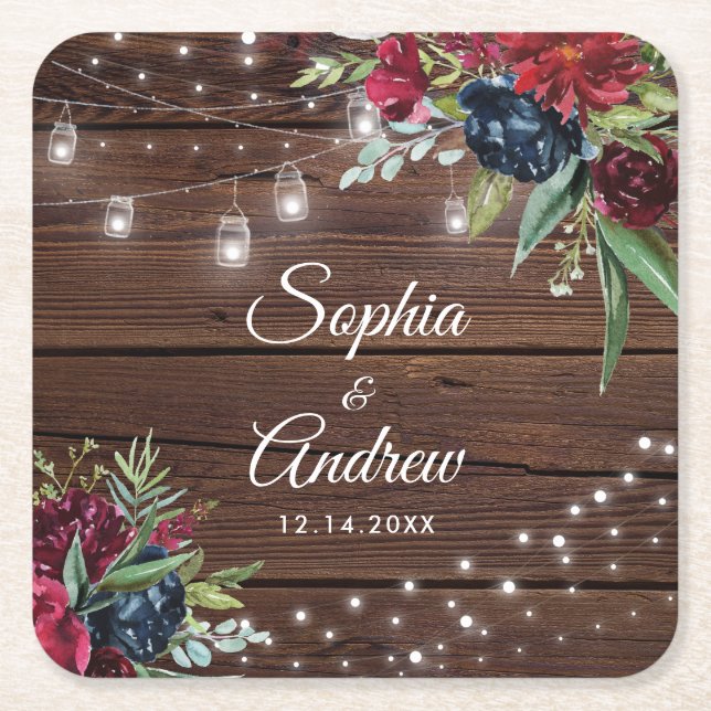 Rustic Wood Burgundy Floral Lights Wedding Square Paper Coaster (Front)