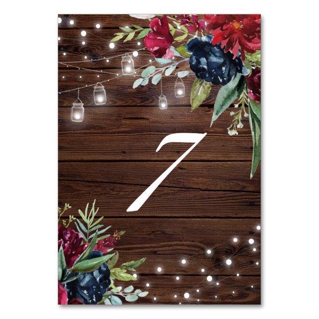 Rustic Wood Burgundy Floral Lights Wood 7 Table Number (Front)