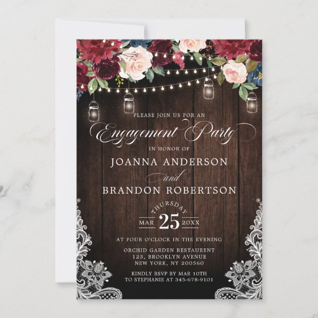 Rustic Wood Burgundy Floral Mason Jar Engagement Invitation (Front)