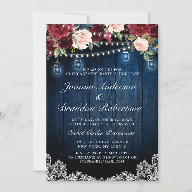 Rustic Wood Burgundy Floral Mason Jar Engagement Invitation (Front)