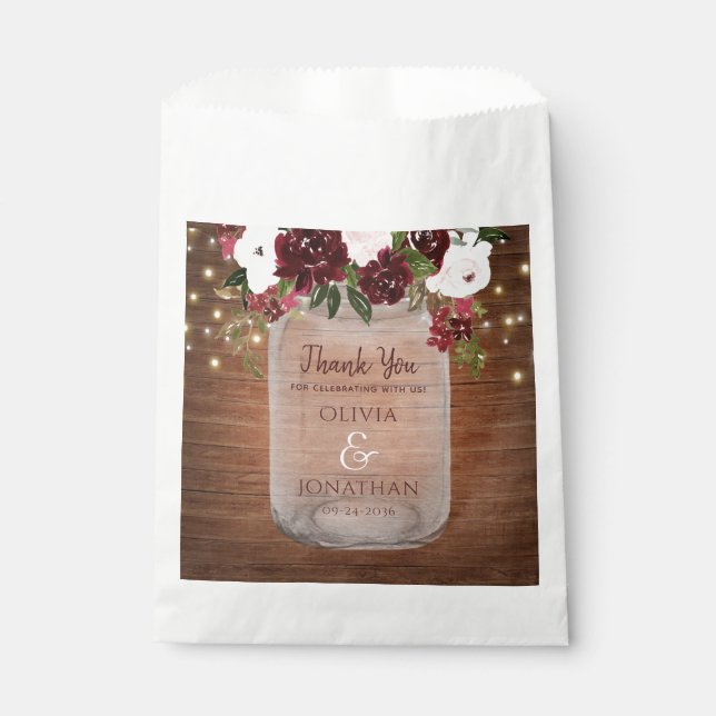 Rustic Wood Burgundy Floral Mason Jar Wedding Favour Bag (Front)