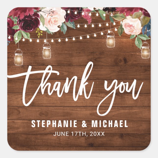 Rustic Wood Burgundy Floral Mason Jar Wedding Squa Square Sticker (Front)