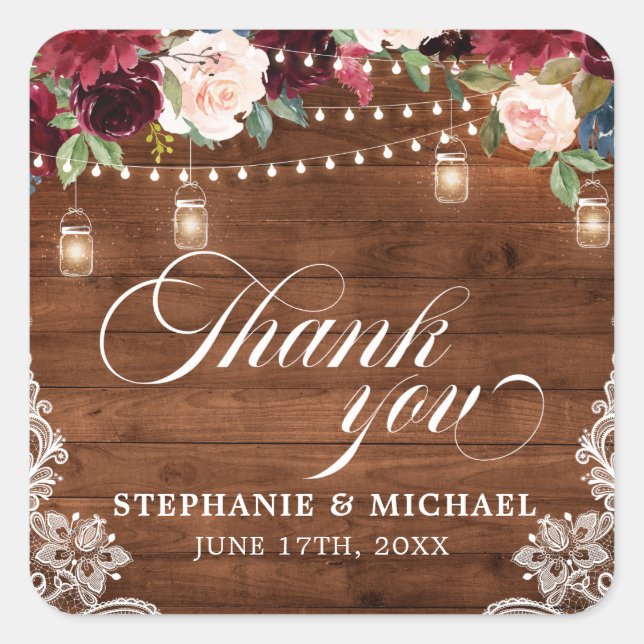 Rustic Wood Burgundy Floral Mason Jar Wedding Square Sticker (Front)