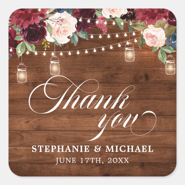 Rustic Wood Burgundy Floral Mason Jar Wedding Square Sticker (Front)