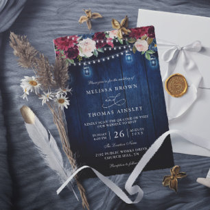 Rustic Wood Burgundy Floral Mason QR Code Wedding Invitation