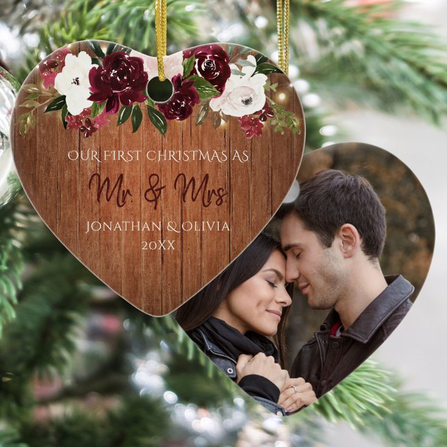 Rustic Wood Burgundy Floral Newlywed Photo Ceramic Ornament (Creator Uploaded)