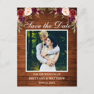 Rustic Wood Burgundy Floral Photo Save the Date Postcard