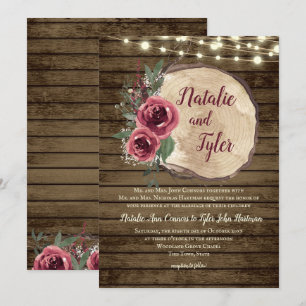 Rustic Wood Burgundy Floral Tree Slice Lights Wed Invitation