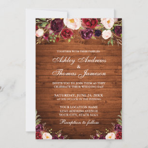 Rustic Wood Burgundy Floral Wedding Invitation