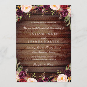 Rustic Wood Burgundy Floral Wedding Invitation