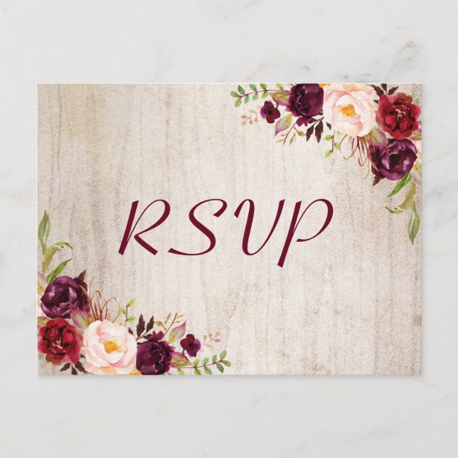 Rustic Wood Burgundy Floral Wedding RSVP Response Postcard (Front)