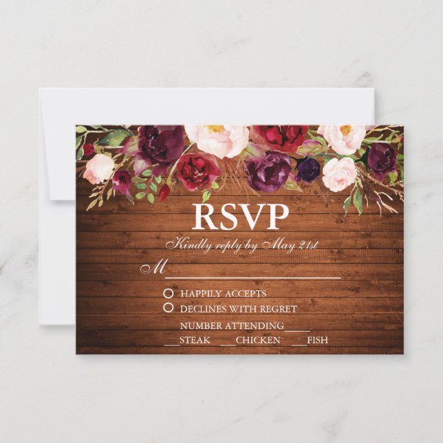 Rustic Wood Burgundy Floral Wedding RSVP w/Meal (Front)