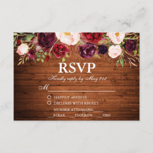 Rustic Wood Burgundy Floral Wedding RSVP w/Meal Card