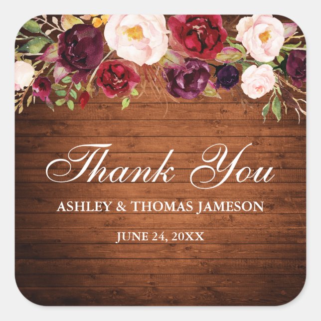 Rustic Wood  Burgundy Floral Wedding Thank You Square Sticker (Front)