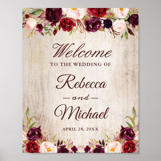 Rustic Wood Burgundy Floral Wedding Welcome Sign (Front)