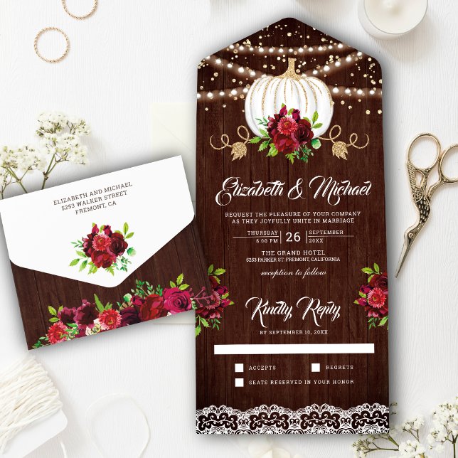 Rustic Wood Burgundy Floral White Pumpkin Wedding All In One Invitation (Creator Uploaded)