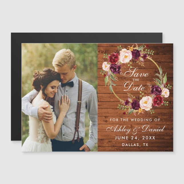 Rustic Wood Burgundy Floral Wreath Save The Date Magnetic Invitation (Front/Back)