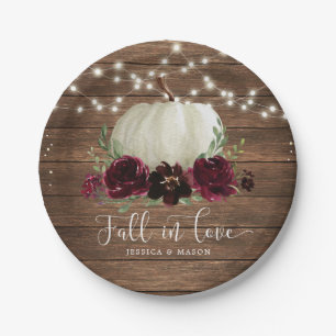 Rustic Wood Burgundy Flowers Pumpkin Plates