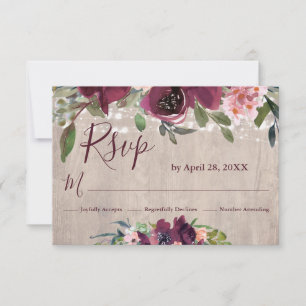 Rustic Wood Burgundy & Pinks Boho Floral Lights  RSVP Card