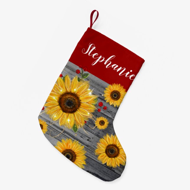 Rustic Wood Burgundy Red Gold Sunflower Name Small Christmas Stocking (Front (Hanging))
