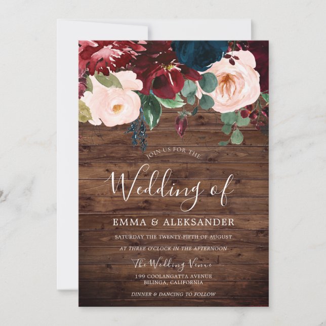 Rustic Wood Burgundy Red Wine Blush Wedding Invitation (Front)