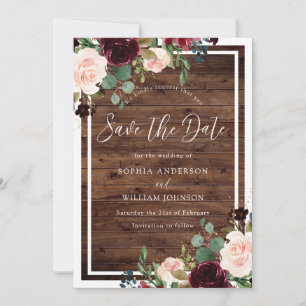 Rustic Wood Burgundy Red Wine Flowers Wedding Save The Date