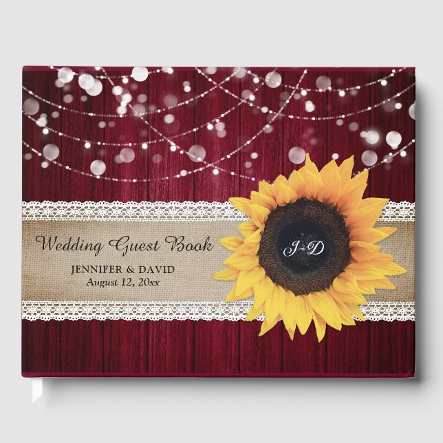 Rustic Wood Burgundy Sunflower Wedding Guest Book (Front)