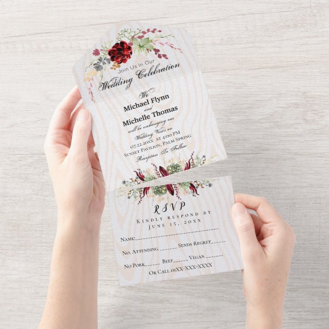 Rustic Wood Burgundy Wedding All In One Invitation (Tearaway)