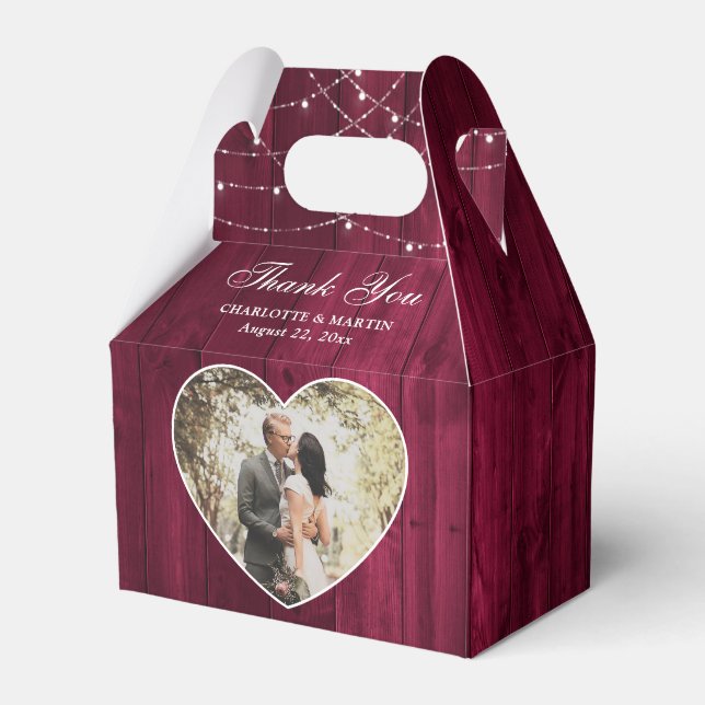 Rustic Wood Burgundy Wedding Photo Favor Box (Front Side)